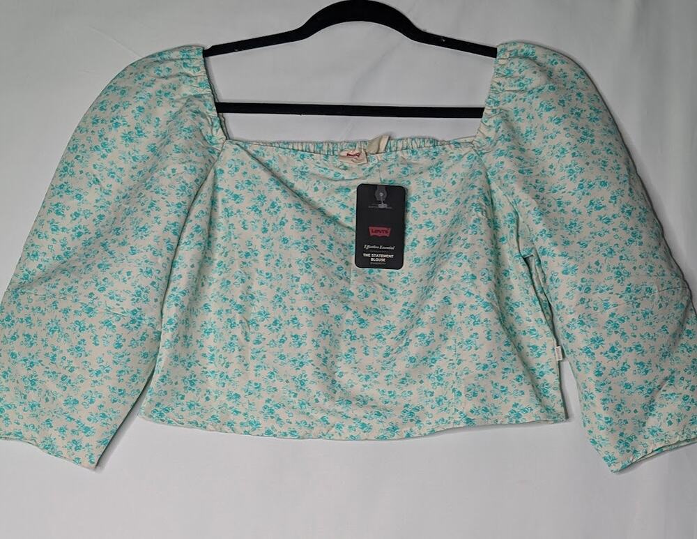LEVIS women's cropped 3/4 puffed sleeve blouse green floral XL Cottagecore